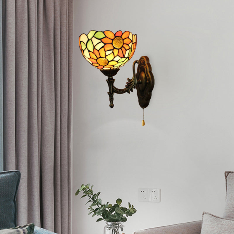 Stained Glass Sunflower Sconce Light 1 Light Rustic Tiffany Wall Lamp in Orange for Library
