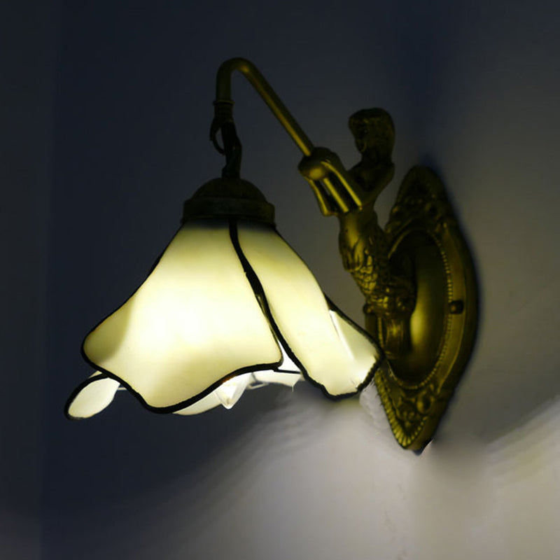 1 Head Petal Wall Mount Lighting Tiffany Blue/Clear/Pink Glass Sconce Light Fixture with Mermaid Backplate