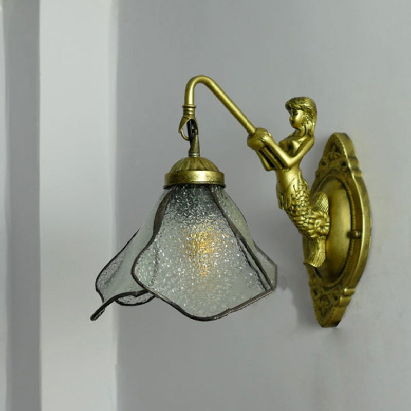 1 Head Petal Wall Mount Lighting Tiffany Blue/Clear/Pink Glass Sconce Light Fixture with Mermaid Backplate