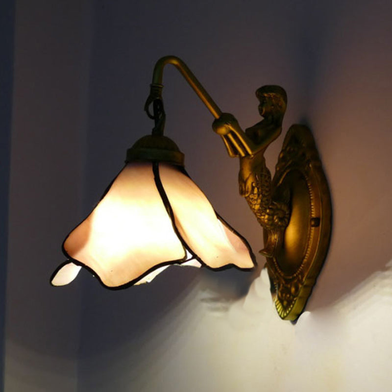 1 Head Petal Wall Mount Lighting Tiffany Blue/Clear/Pink Glass Sconce Light Fixture with Mermaid Backplate