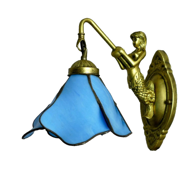 1 Head Petal Wall Mount Lighting Tiffany Blue/Clear/Pink Glass Sconce Light Fixture with Mermaid Backplate