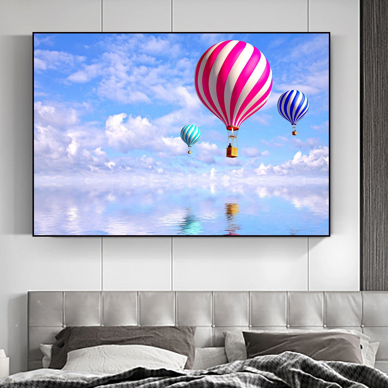 Canvas Pastel Wall Art Cartoon Scenery with Hot Air Balloon Wall Decor for Bedroom