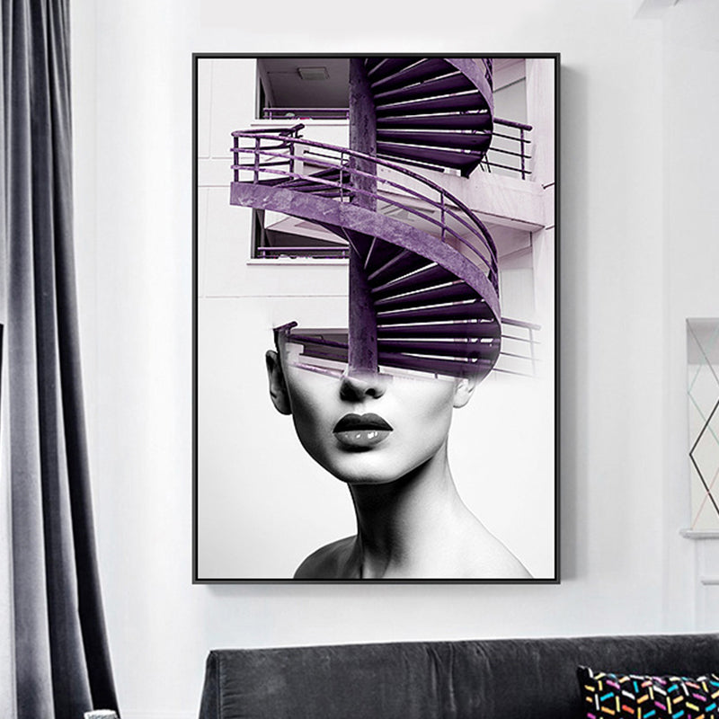 Stair and Girl Canvas Print Textured Contemporary Style for Girls Bedroom Painting