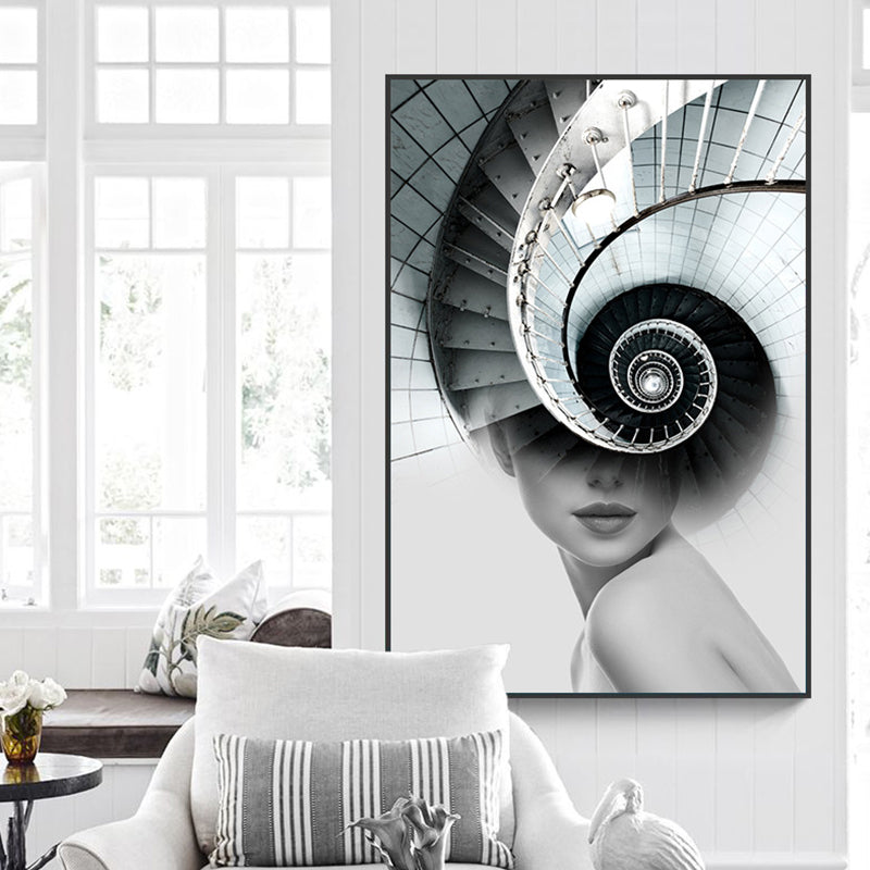 Stair and Girl Canvas Print Textured Contemporary Style for Girls Bedroom Painting