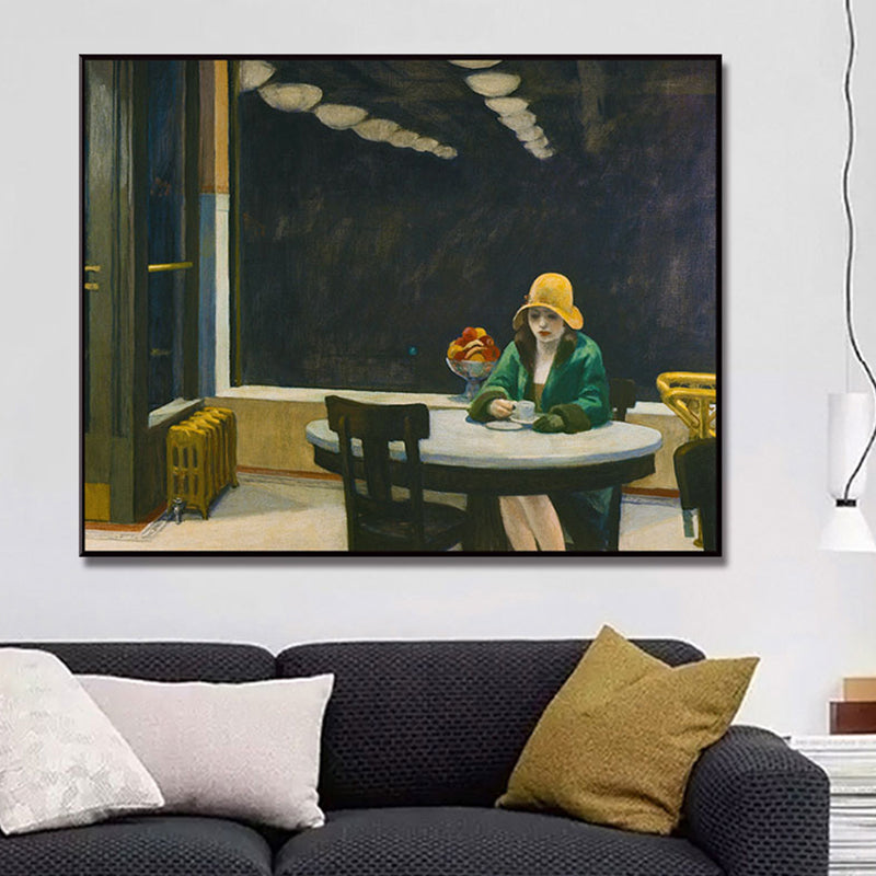 Nordic Figure Canvas Wall Art Black Woman Waiting in Cafe Painting for Sitting Room