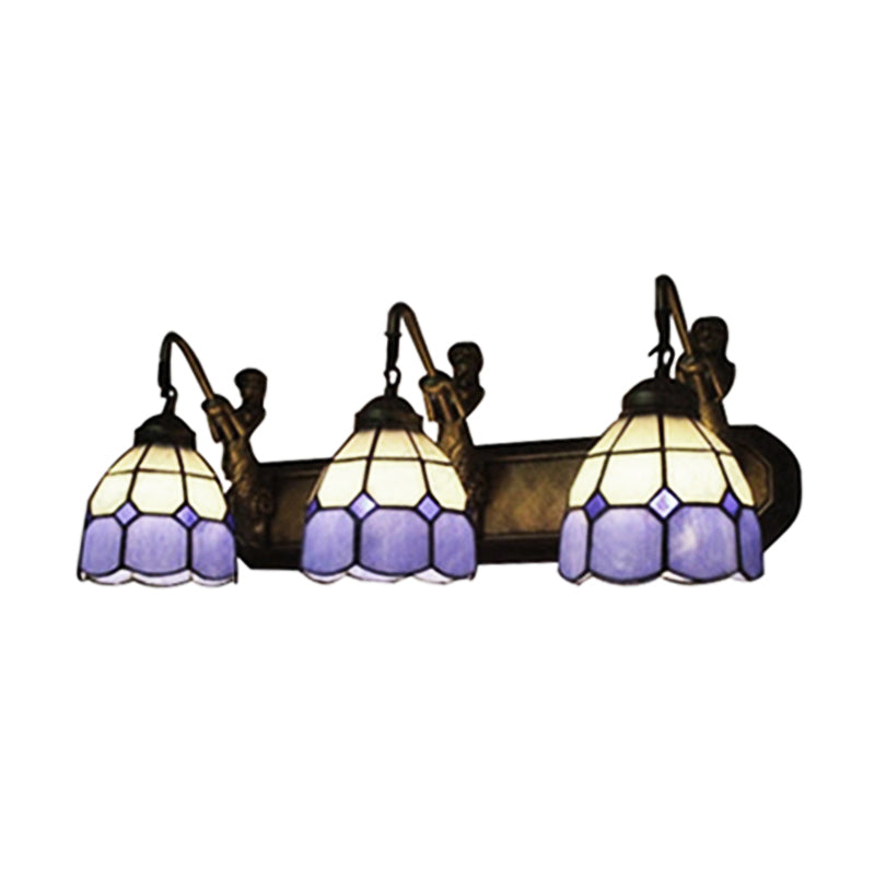 Blue Glass Grid Patterned Sconce Light Tiffany 3 Heads Antique Brass Wall Mounted Light