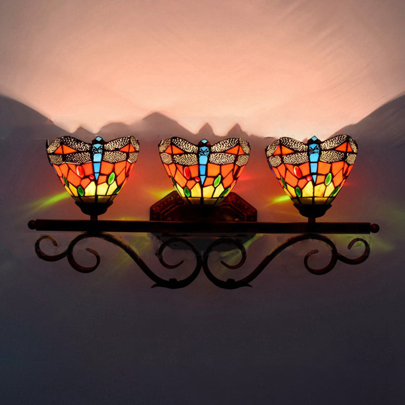 Stained Glass Dragonfly Wall Light Restaurant 3 Lights Tiffany Vintage Wall Lamp in Orange