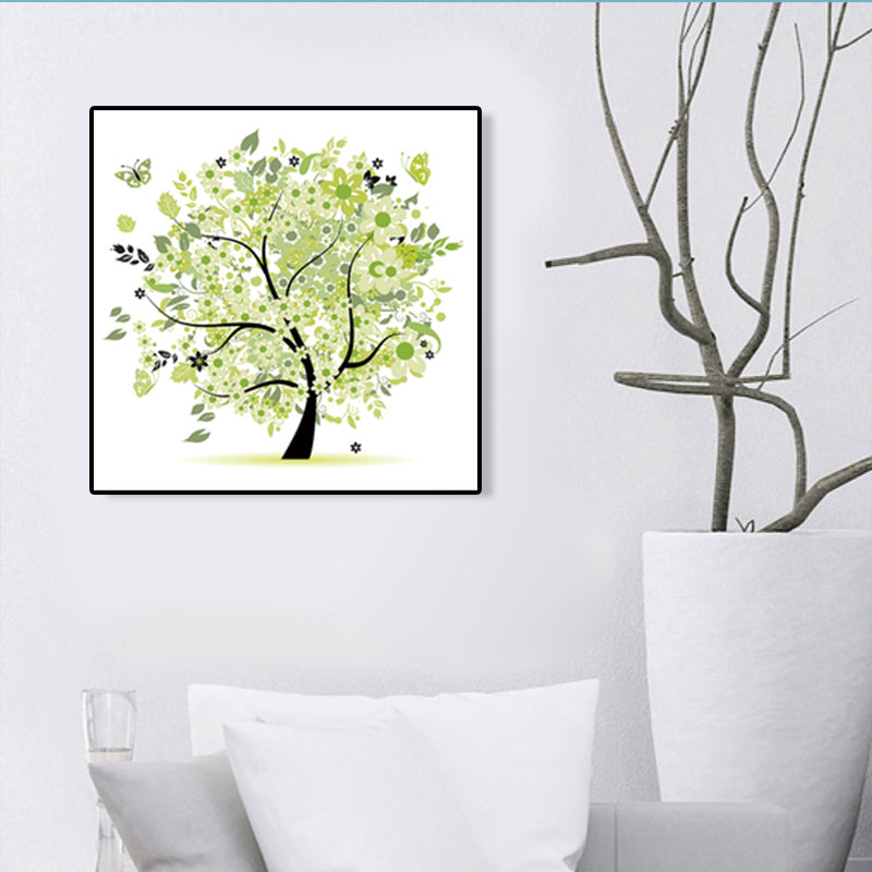 Illustration Tree Wall Art Print Green Kids Style Canvas for Living Room, Textured