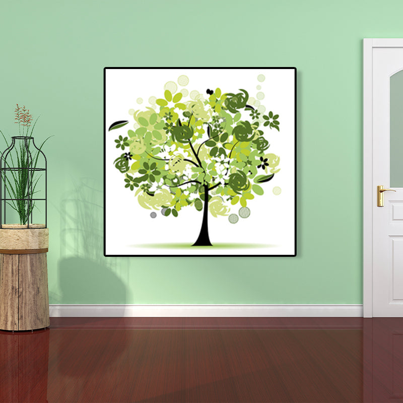 Illustration Tree Wall Art Print Green Kids Style Canvas for Living Room, Textured