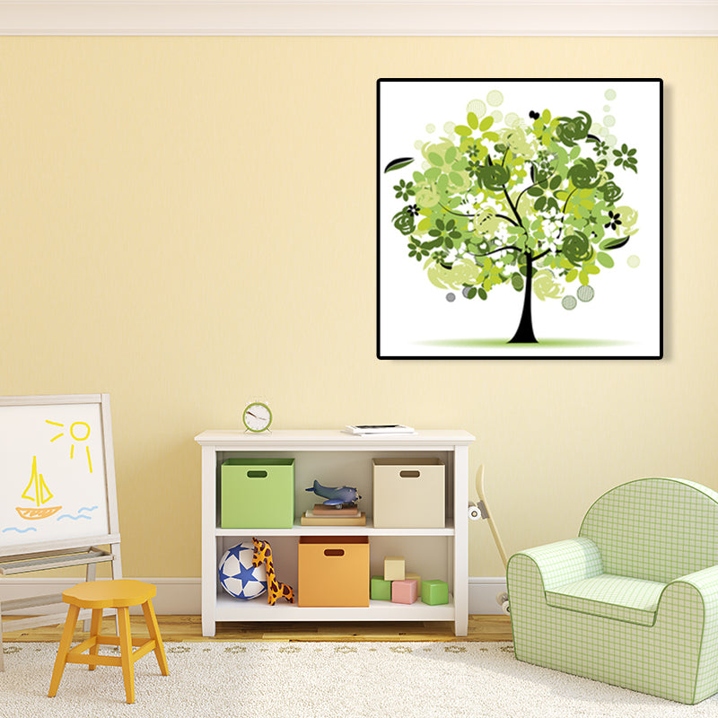 Illustration Tree Wall Art Print Green Kids Style Canvas for Living Room, Textured