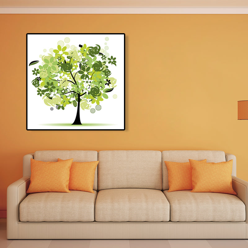 Illustration Tree Wall Art Print Green Kids Style Canvas for Living Room, Textured