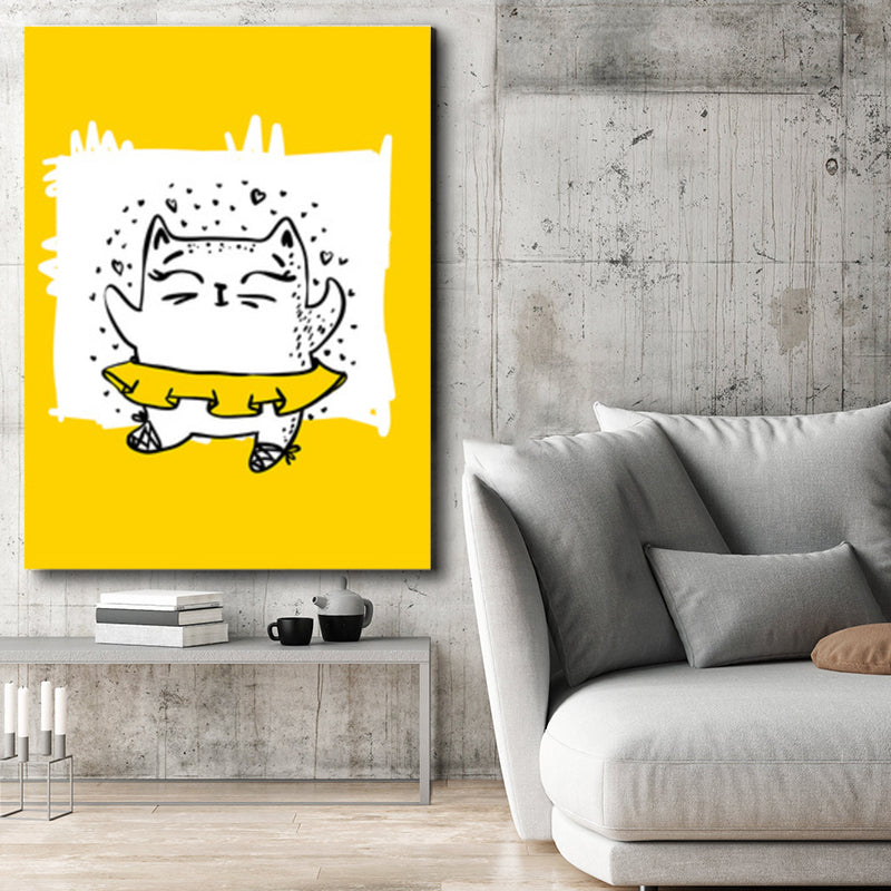 Illustrated Catamount Art Print Kids Style Canvas Wall Decor in Soft Color for Room