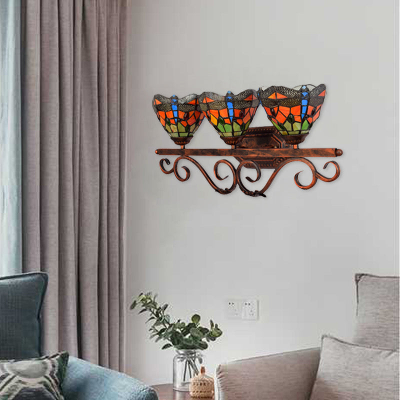 Stained Glass Peacock Wall Light 3 Lights Tiffany Classic Wall Sconce in Pink/Orange/Blue for Bedroom Lighting