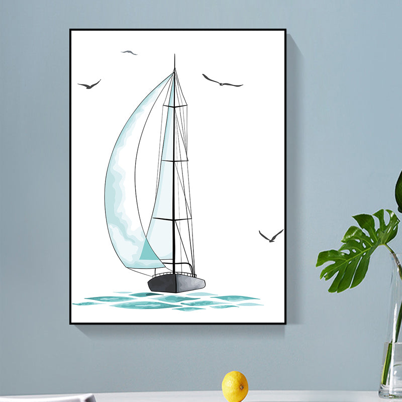 Blue Sailing Ship Drawing Canvas Textured Surface Cartoon Kindergarten Wall Art Print