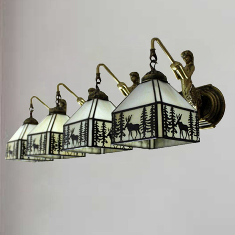 Rustic Style Lodge Wall Light with Forest Deer 4 Lights Art Glass Wall Sconce in Beige with Mermaid for Cafe