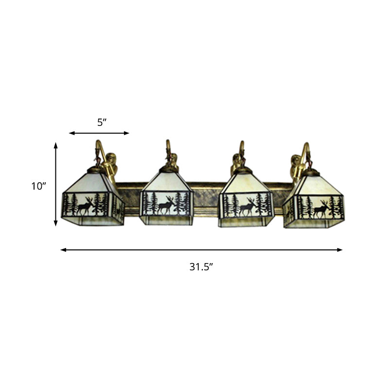 Rustic Style Lodge Wall Light with Forest Deer 4 Lights Art Glass Wall Sconce in Beige with Mermaid for Cafe