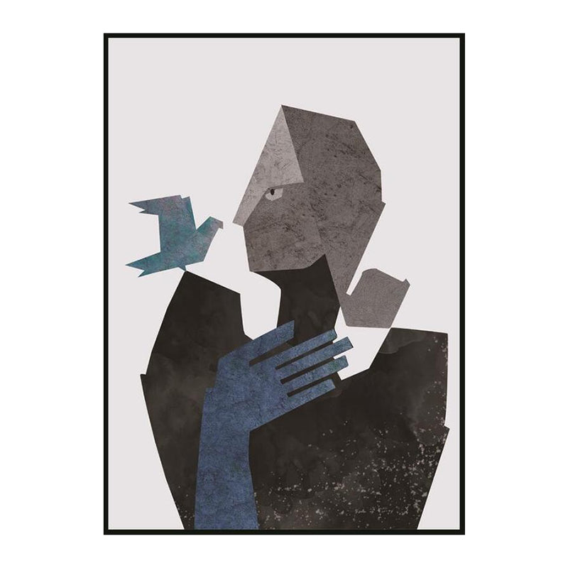 Woman and Bird Wall Art Black-Grey Canvas Made Wall Decor, Textured, Multiple Sizes