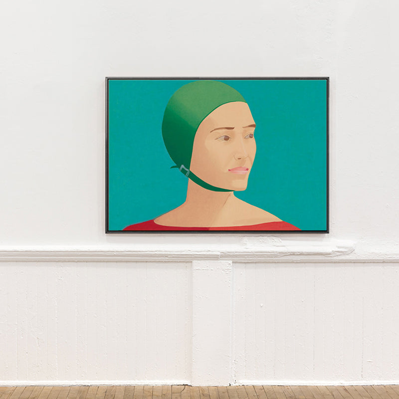 Woman with Helmet Wall Decor Textured Pop Art House Interior Canvas Print in Green