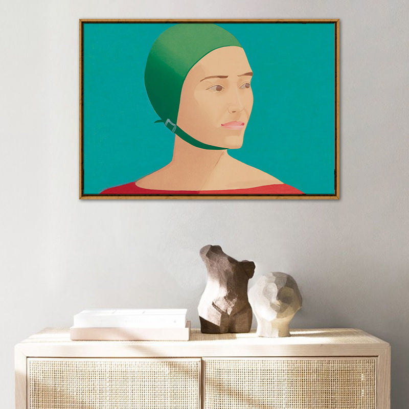 Woman with Helmet Wall Decor Textured Pop Art House Interior Canvas Print in Green