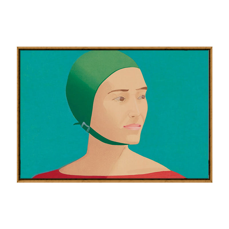 Woman with Helmet Wall Decor Textured Pop Art House Interior Canvas Print in Green