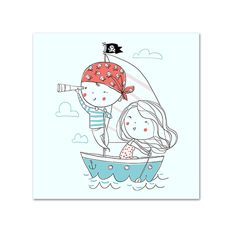Kids Rowing Drawing Canvas Print Cartoon Lovely Figure Wall Art in Blue on White