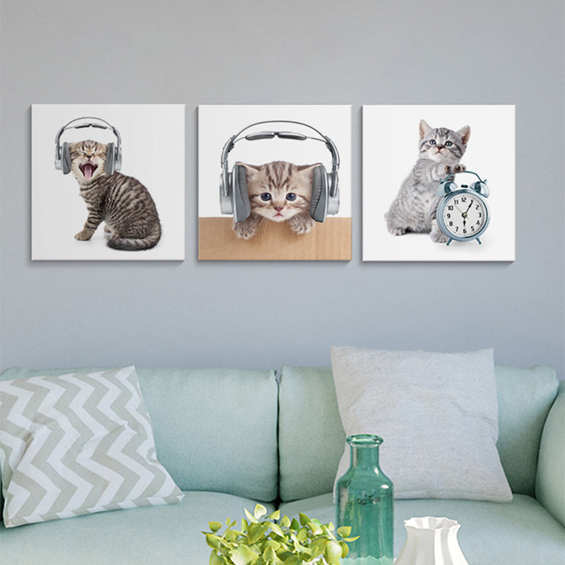 Gray Cat Painting Multi-Piece Childrens' Art Dining Room Canvas Print, Multiple Sizes, Set of 3