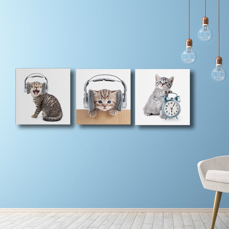 Gray Cat Painting Multi-Piece Childrens' Art Dining Room Canvas Print, Multiple Sizes, Set of 3