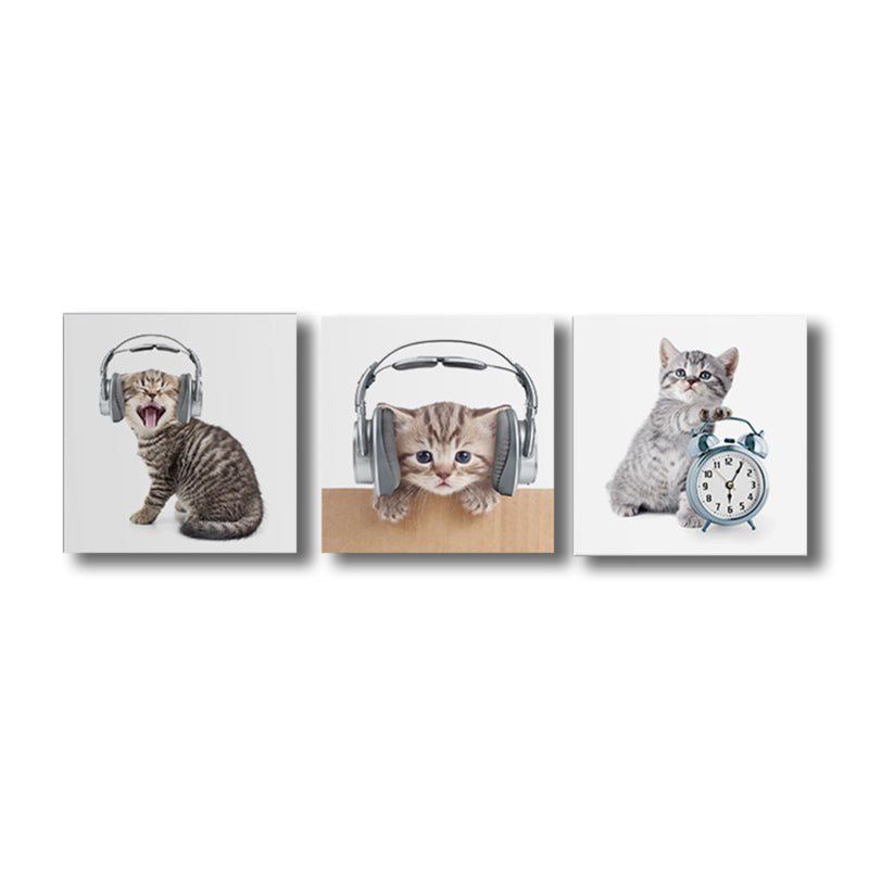Gray Cat Painting Multi-Piece Childrens' Art Dining Room Canvas Print, Multiple Sizes, Set of 3