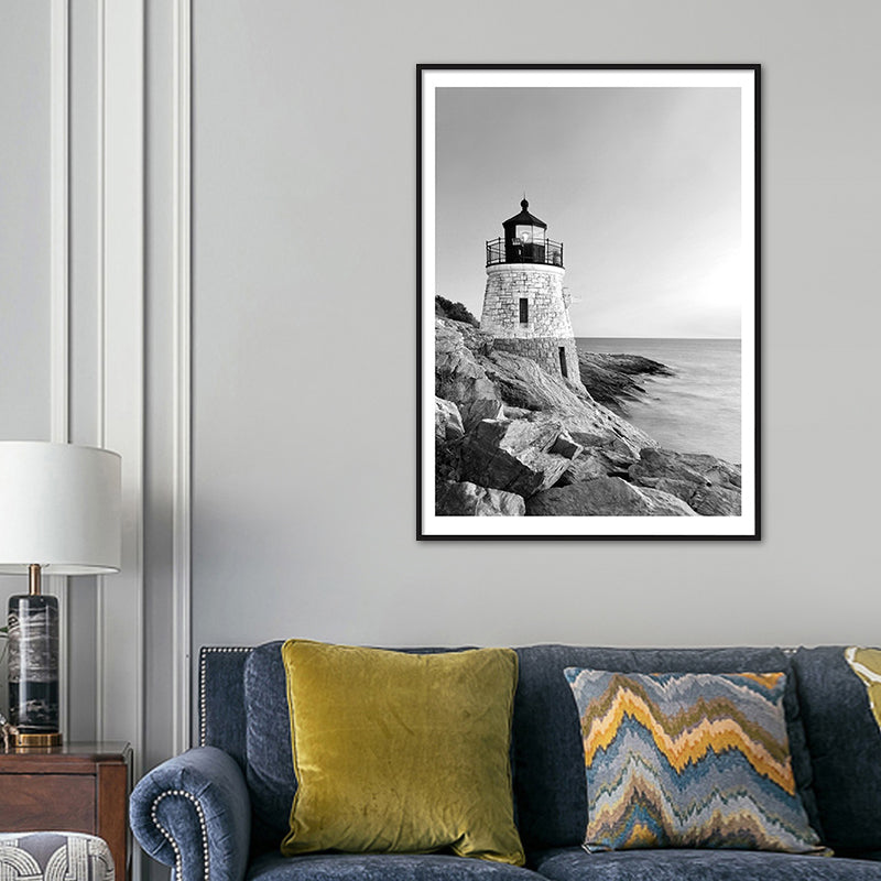 Vintage-Kunstdruck mit Leuchtturm am Meer, Leinwand, graues Gebäude, Wanddekoration, mehrere Größen erhältlich