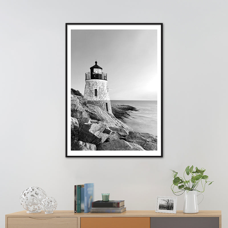 Vintage-Kunstdruck mit Leuchtturm am Meer, Leinwand, graues Gebäude, Wanddekoration, mehrere Größen erhältlich