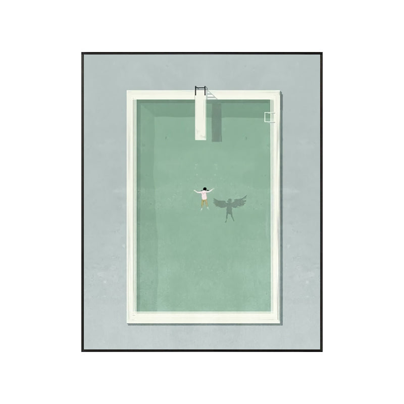 Pool and Swimmer Canvas Art Scandinavian Swimming Wall Decor in Green for Stadium