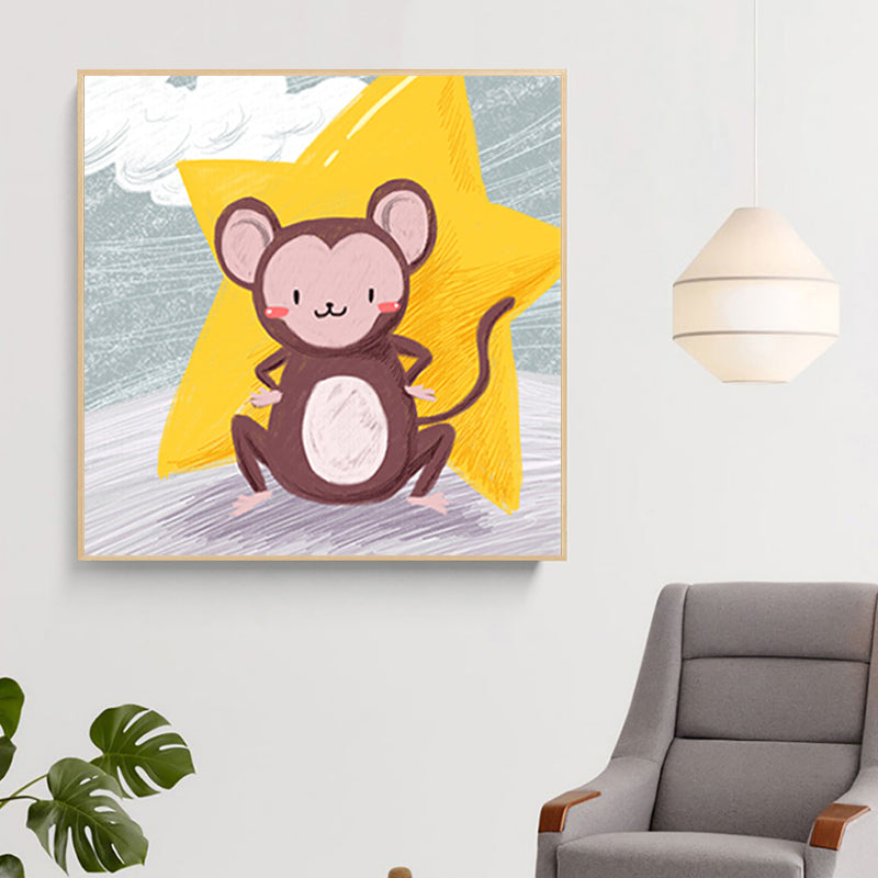 Toile imprimée d'art mural d'animaux de dessin animé, décoration murale texturée de couleur douce pour chambre de bébé