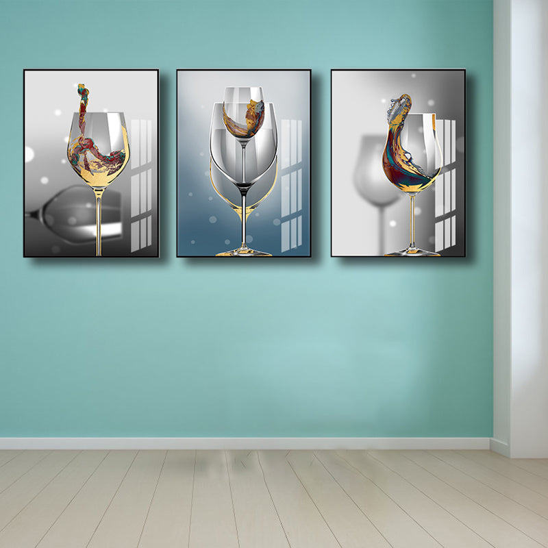Modern Wine Glasses Wall Art Decor Light Color Dining Room Canvas Print, Set of 3