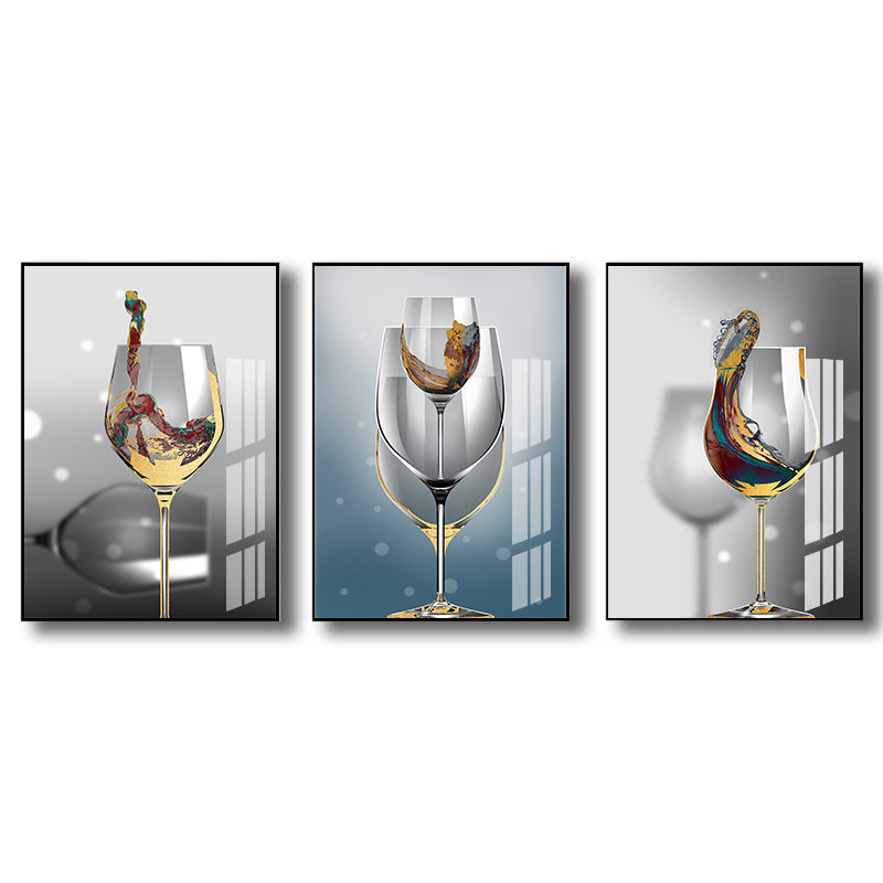 Modern Wine Glasses Wall Art Decor Light Color Dining Room Canvas Print, Set of 3