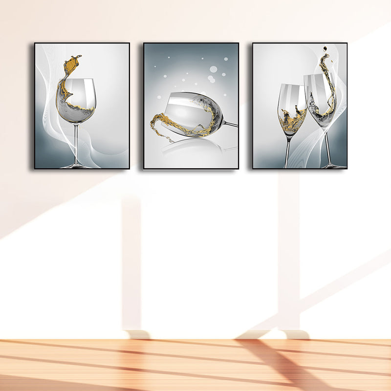 Modern Wine Glasses Wall Art Decor Light Color Dining Room Canvas Print, Set of 3