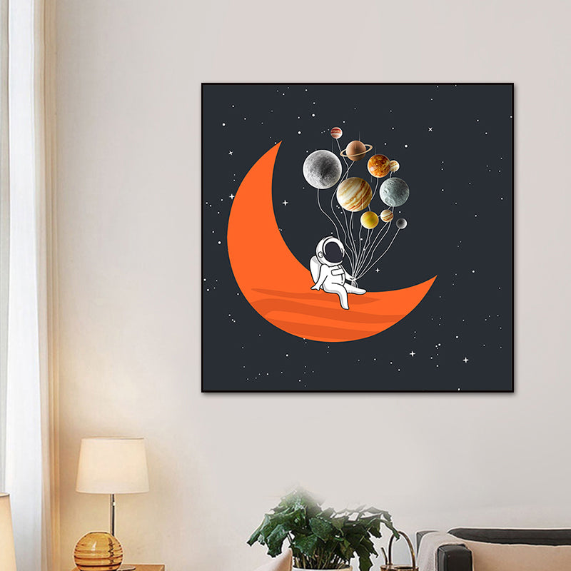 Astronaut and Starry Night Canvas Textured Kids Style Bedroom Wall Art Decor in Dark Color