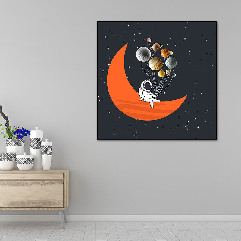 Astronaut and Starry Night Canvas Textured Kids Style Bedroom Wall Art Decor in Dark Color