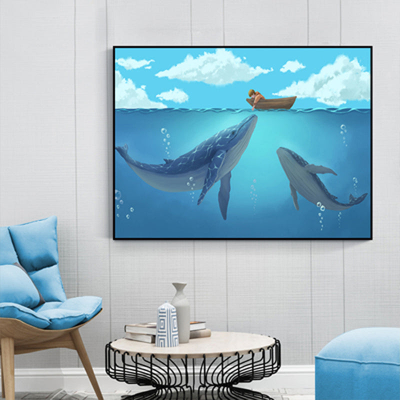 Textured Whale Canvas Wall Art Cartoon Wall Decoration for Sitting Room, Soft Blue