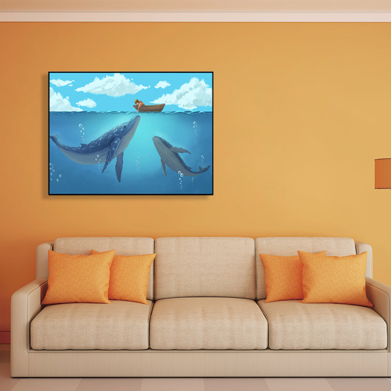 Textured Whale Canvas Wall Art Cartoon Wall Decoration for Sitting Room, Soft Blue