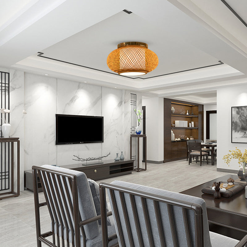 Yellow Lantern Shade Flush Light Contemporary Style 16"/19.5" Dia 1-Head Bamboo Ceiling Mounted Light for Living Room