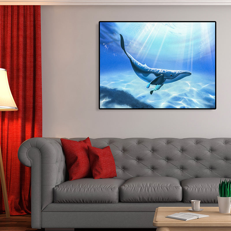 Textured Whale Canvas Wall Art Cartoon Wall Decoration for Sitting Room, Soft Blue