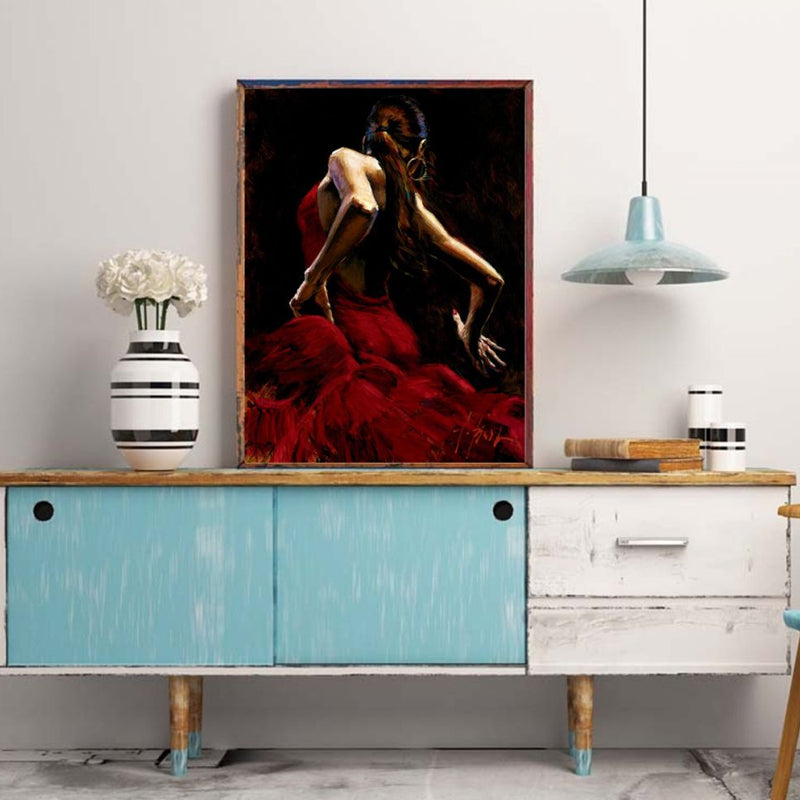 Red Dancing Girl Painting Textured Contemporary Art Style Dining Room Wrapped Canvas