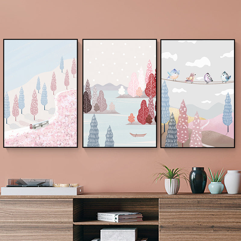 Illustration Park Scenery Wall Art Kids Style Landscape Canvas Print in Pink and Blue