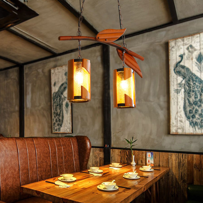 Crackle Glass Cylindrical Hanging Light Country Style 2 Lights Brown Island Lighting with Branch Accent for Restaurant