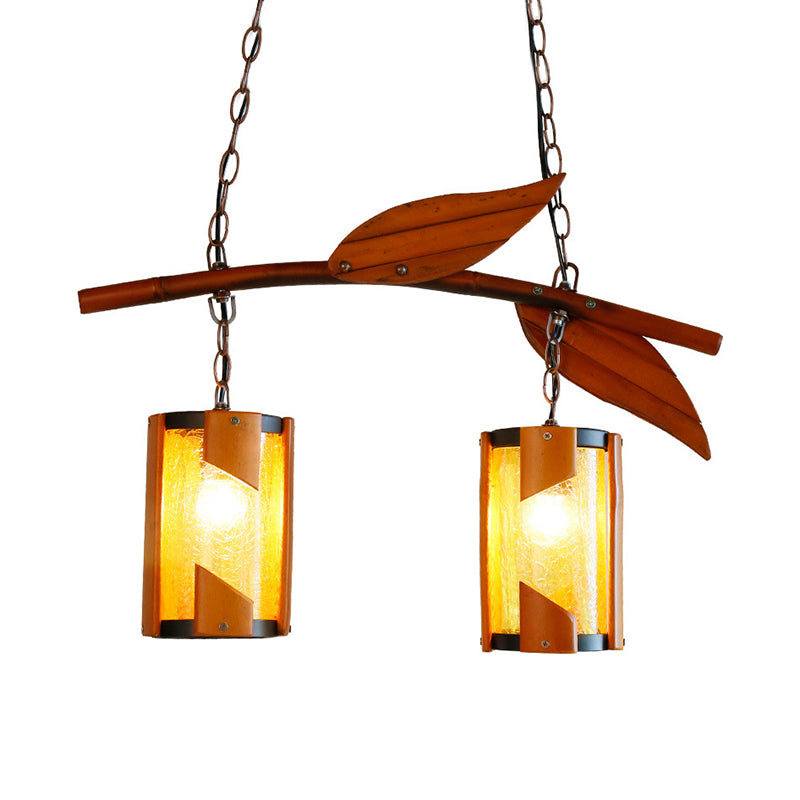 Crackle Glass Cylindrical Hanging Light Style Country 2 Lights Lighting Brown Island Lighting con acento de rama para restaurante
