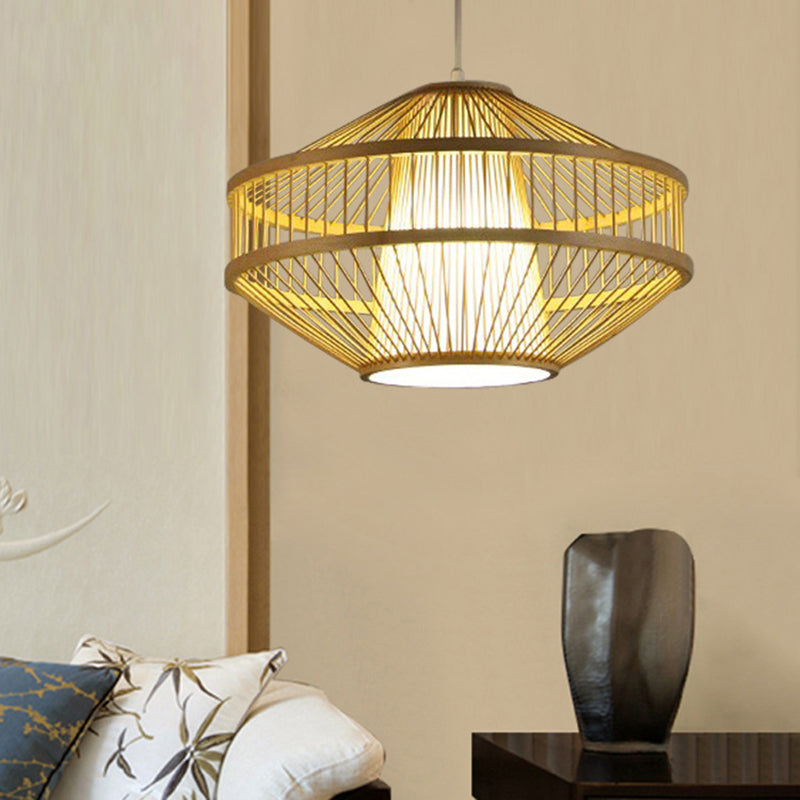 Modernist Style 1 Light Hanging Lamp with Bamboo Shade Beige Open-Weave Suspension Lamp for Restaurant