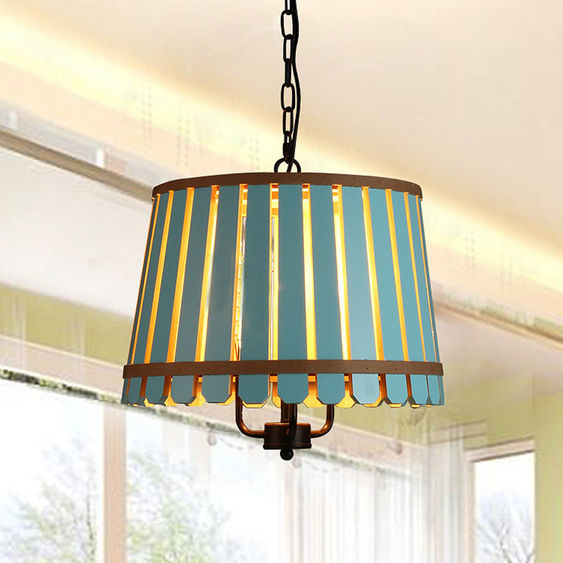 12.5"/16.5" Wide Slatted Chandelier Light Fixture Modern Wooden 3 Lights Blue/Green/Wood Hanging Pendant for Dining Room