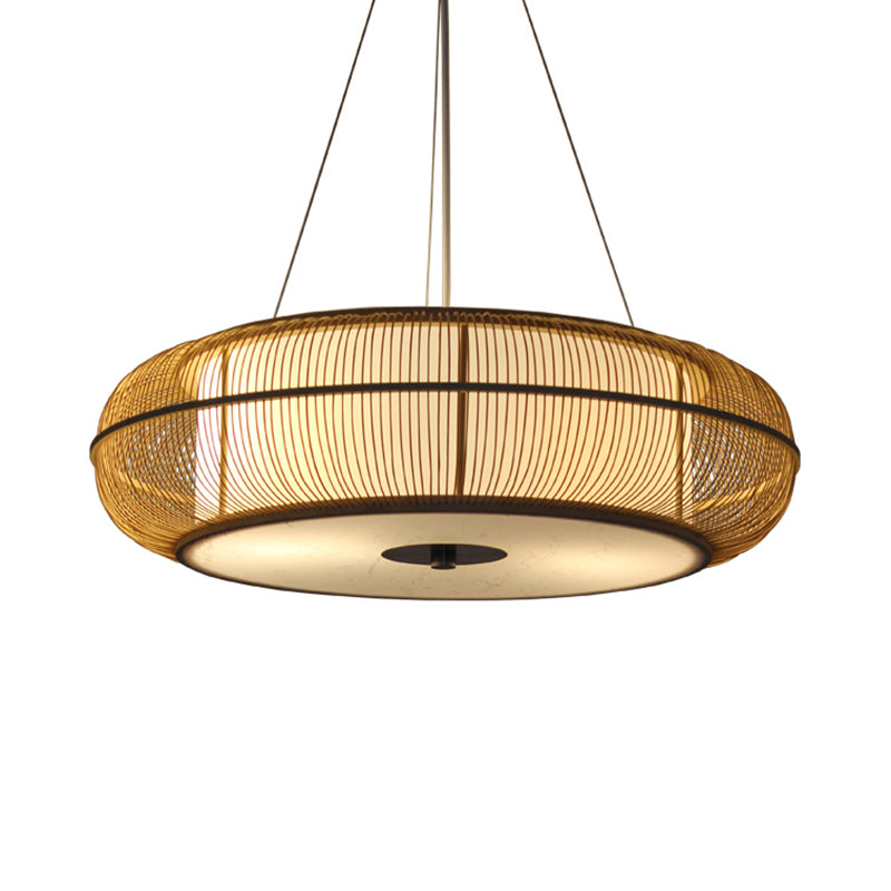 Modern Stylish Drum Shade Hanging Pendant Light Bamboo 3-Head Dining Room Ceiling Light in Black/Wood
