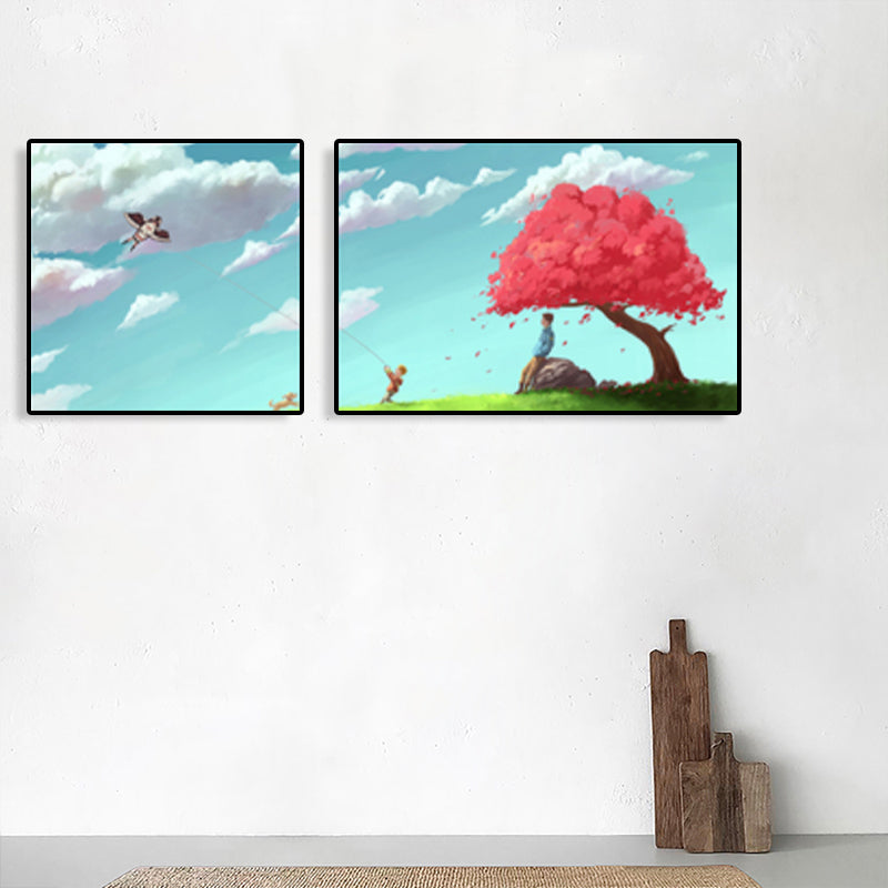Painting Outings Canvas Print Cartoon Multi-Piece Wall Art in Soft Color for Kids Room
