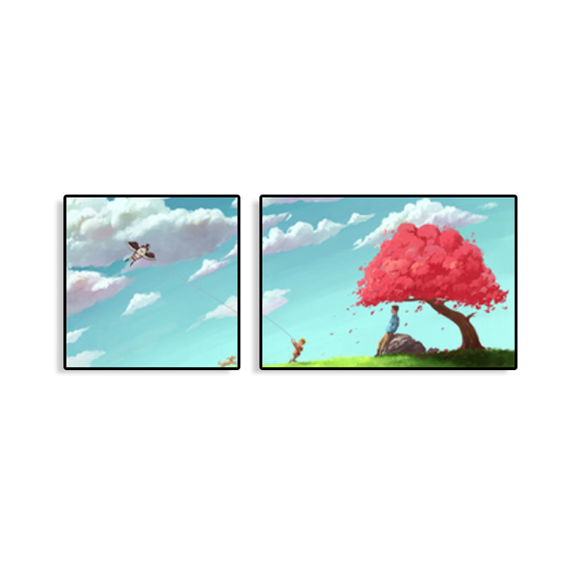 Painting Outings Canvas Print Cartoon Multi-Piece Wall Art in Soft Color for Kids Room